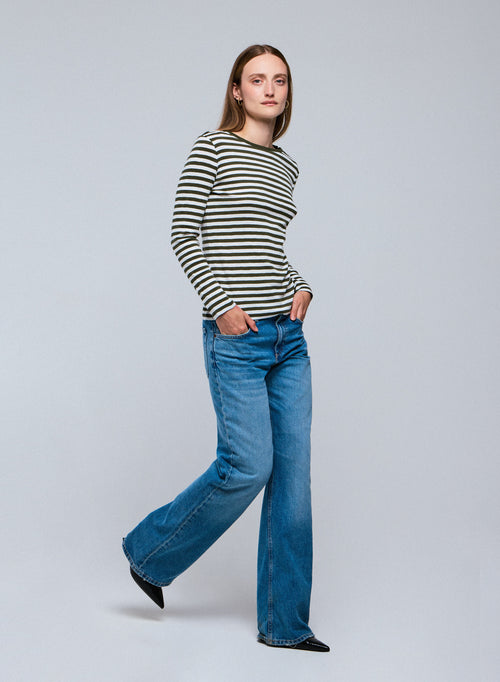 Green / White V-neck Long Sleeve T-shirt in organic cotton - MAJESTIC FILATURES