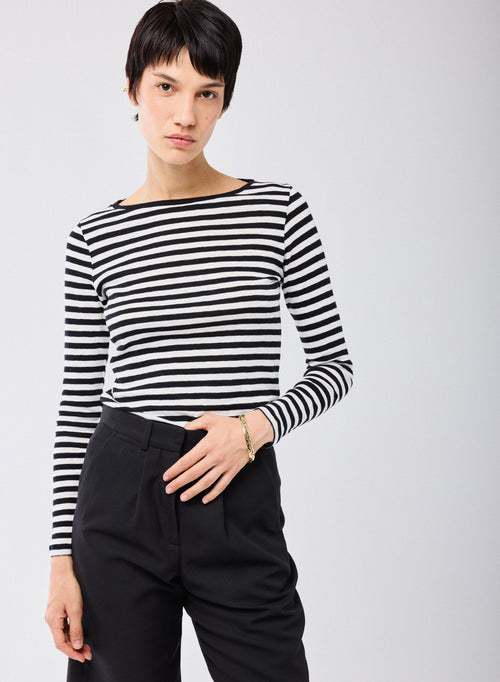 Black / Beige T-shirt Round Neck Long Sleeves in Organic Cotton - MAJESTIC FILATURES