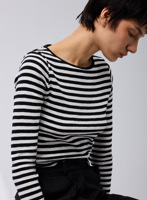 Black / Beige T-shirt Round Neck Long Sleeves in Organic Cotton - MAJESTIC FILATURES
