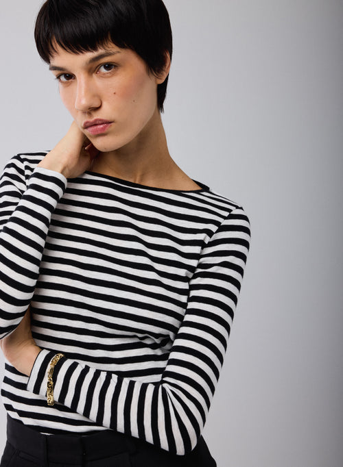 Black / Beige T-shirt Round Neck Long Sleeves in Organic Cotton - MAJESTIC FILATURES