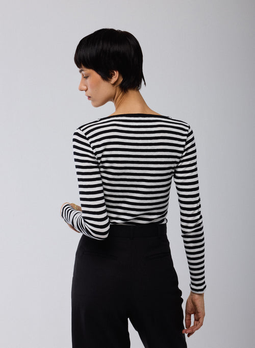Black / Beige T-shirt Round Neck Long Sleeves in Organic Cotton - MAJESTIC FILATURES