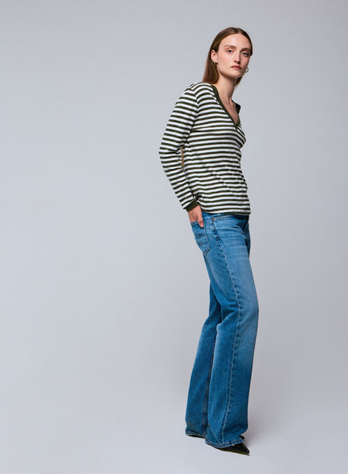 Green / White Stripped V-neck Long Sleeves T-shirt in Organic Cotton - MAJESTIC FILATURES