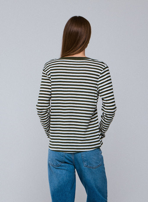 Green / White Stripped V-neck Long Sleeves T-shirt in Organic Cotton - MAJESTIC FILATURES
