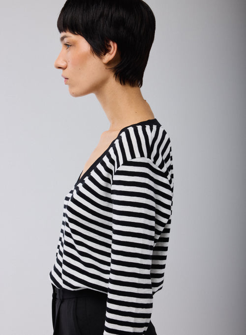Black / Beige T-shirt V Neck Long Sleeves in Organic Cotton - MAJESTIC FILATURES