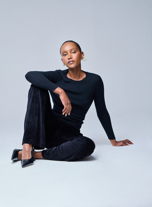 Camiseta de cachemir de manga larga con cuello redondo negro - MAJESTIC FILATURES