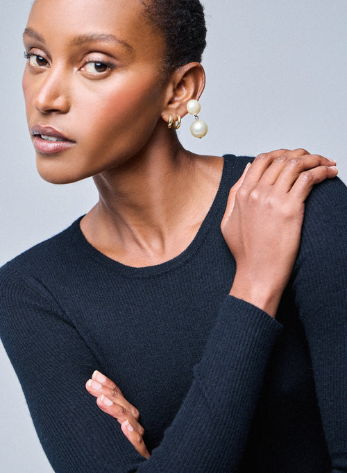 Camiseta de cachemir de manga larga con cuello redondo negro - MAJESTIC FILATURES