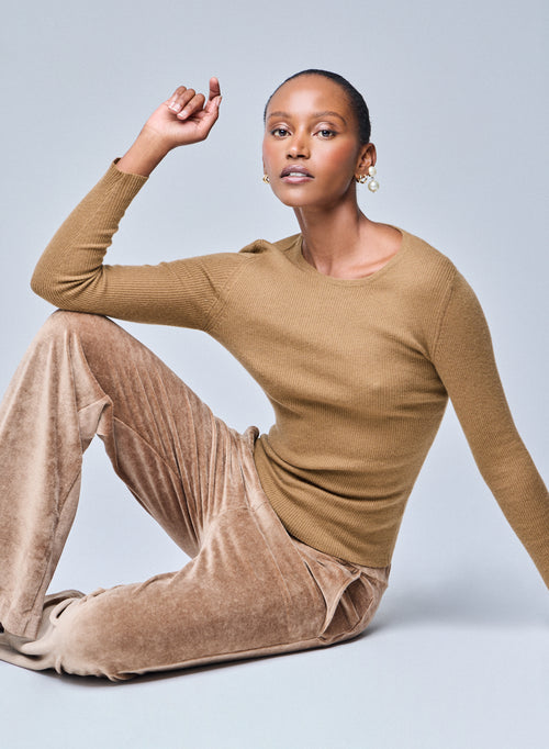 Beige Long Sleeve Round Neck T-Shirt in Cashmere - MAJESTIC FILATURES