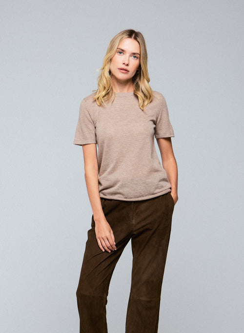 Camiseta de cachemir de manga corta con cuello redondo beige - MAJESTIC FILATURES