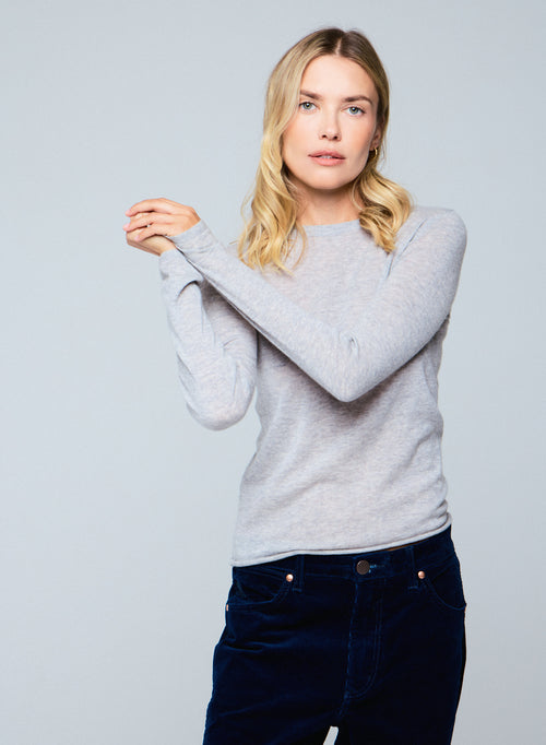 Grey Round Neck Long Sleeve Cashmere T-Shirt - MAJESTIC FILATURES