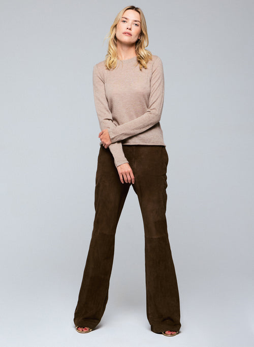 Beige Round Neck Long Sleeves T-Shirt in Cashmere - MAJESTIC FILATURES