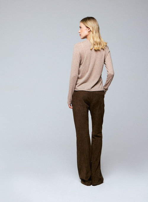 Beige Round Neck Long Sleeves T-Shirt in Cashmere - MAJESTIC FILATURES