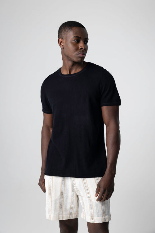 T-shirt Noir Col Rond Manches Courtes en Cachemire - MAJESTIC FILATURES