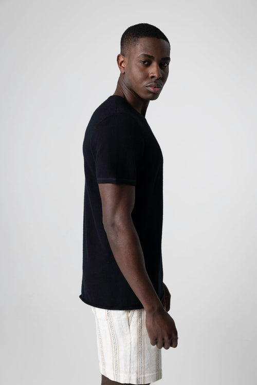 Black Round Neck Short Sleeve Cashmere T-Shirt - MAJESTIC FILATURES