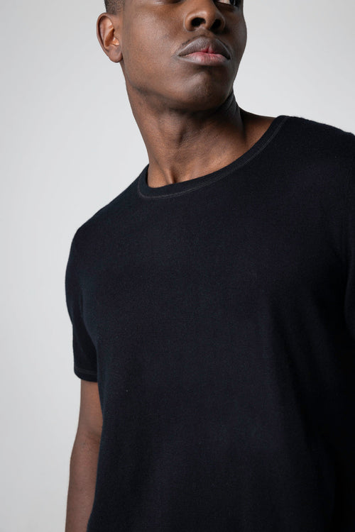 Black Round Neck Short Sleeve Cashmere T-Shirt - MAJESTIC FILATURES