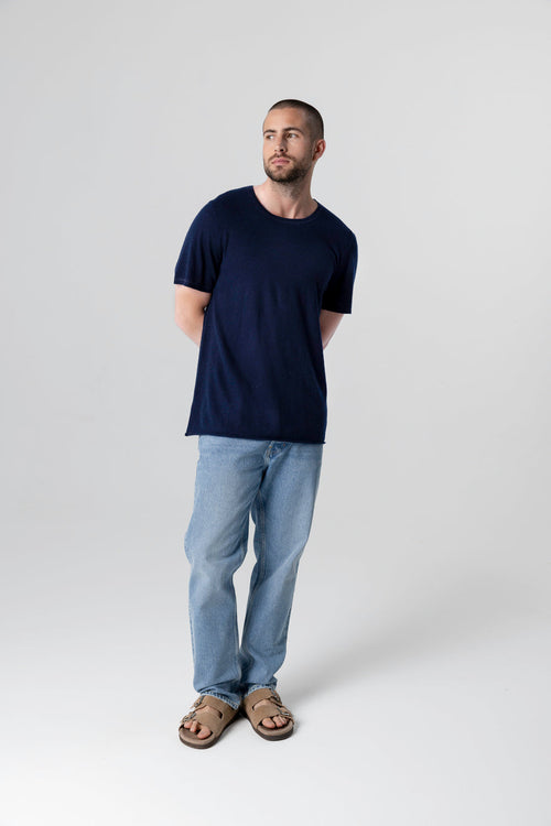 T-shirt Marine Col Rond Manches Courtes en Cachemire - MAJESTIC FILATURES