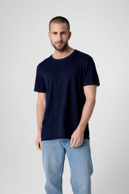 Navy Round Neck Short Sleeve Cashmere T-shirt - MAJESTIC FILATURES