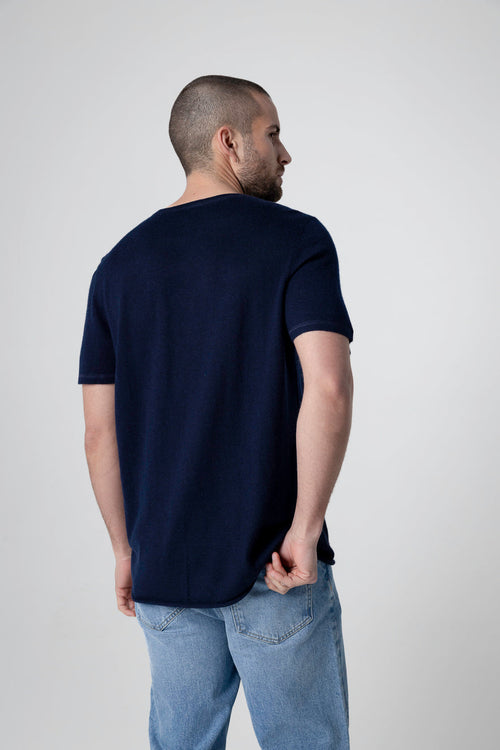 Navy Round Neck Short Sleeve Cashmere T-shirt - MAJESTIC FILATURES