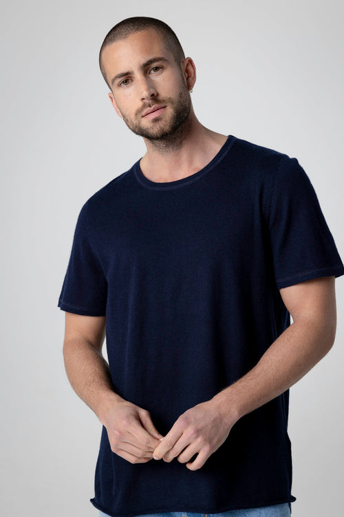 Navy Round Neck Short Sleeve Cashmere T-shirt - MAJESTIC FILATURES