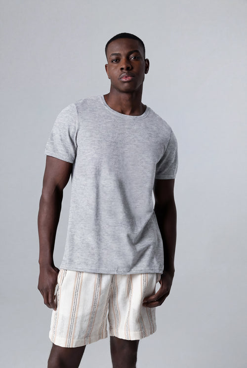 Grey Round Neck Short Sleeves T-Shirt in Cashmere  - MAJESTIC FILATURES