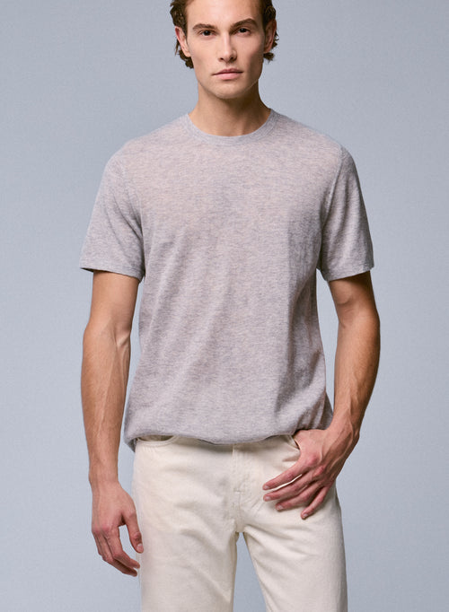 Grey Round Neck Short Sleeve Cashmere T-Shirt - MAJESTIC FILATURES