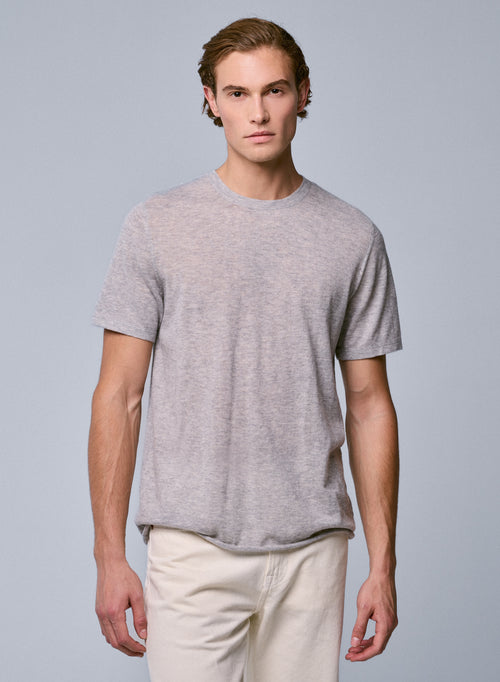Grey Round Neck Short Sleeve Cashmere T-Shirt - MAJESTIC FILATURES