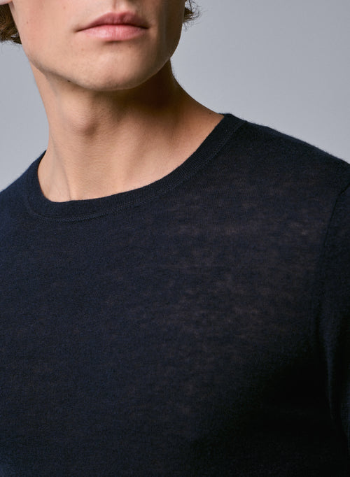 Navy Round Neck Short Sleeve Cashmere T-shirt - MAJESTIC FILATURES