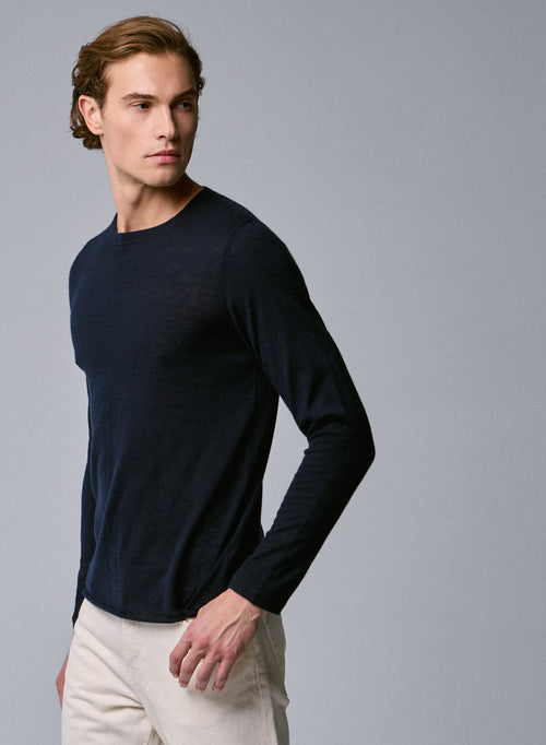 Navy Round Neck Short Sleeve Cashmere T-shirt - MAJESTIC FILATURES