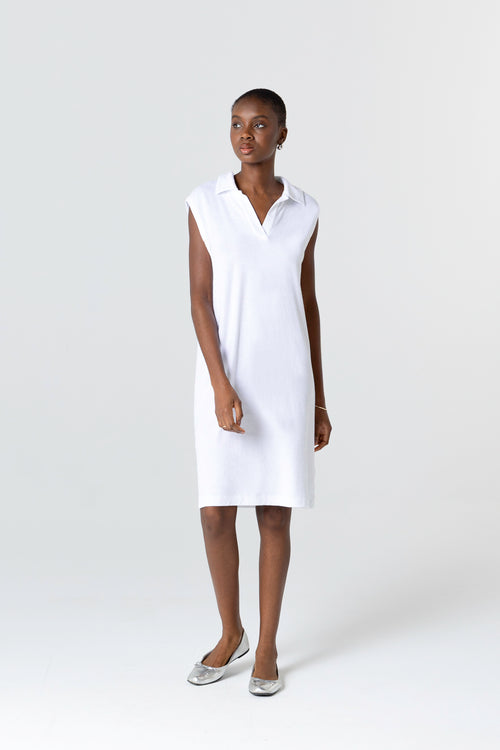 Milk Dress Tunisian Collar Sleeveless in Organic Cotton / Polyamide - MAJESTIC FILATURES