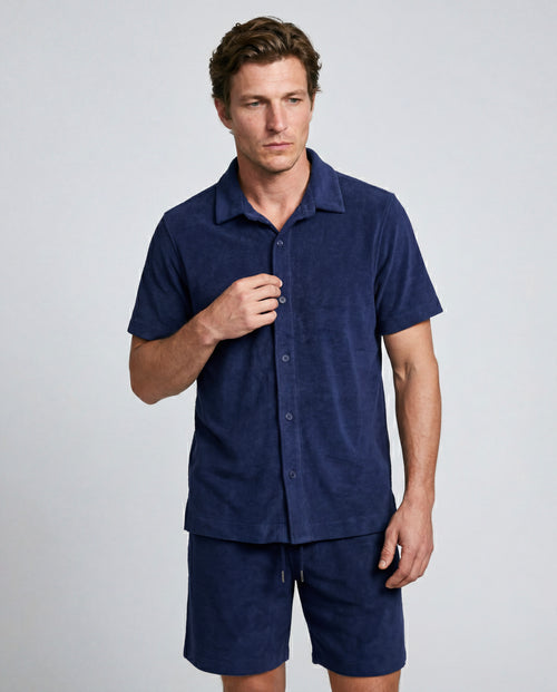 Blue Short-Sleeve Collared Shirt in Organic Cotton / Polyamide - MAJESTIC FILATURES