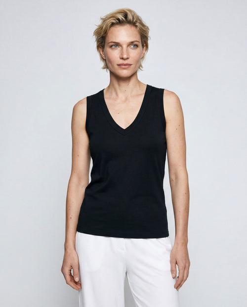 Black V-neck Tank Top in Organic Cotton / Silk - MAJESTIC FILATURES