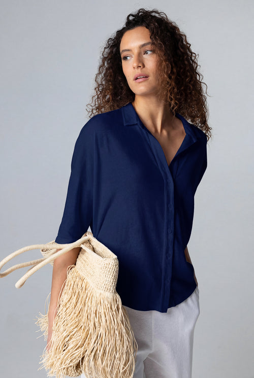 Camisa azul marino de manga corta de algodón/lino - MAJESTIC FILATURES