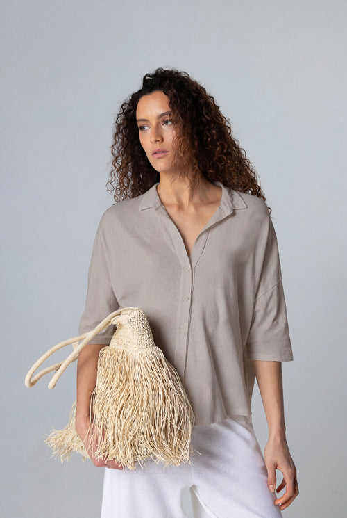 Coffee Latte Short Sleeve Shirt in Cotton / Linen - MAJESTIC FILATURES