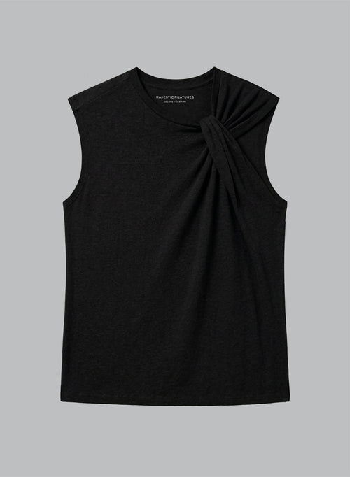 Camiseta sin mangas negra con cuello anudado de algodón/lino - MAJESTIC FILATURES