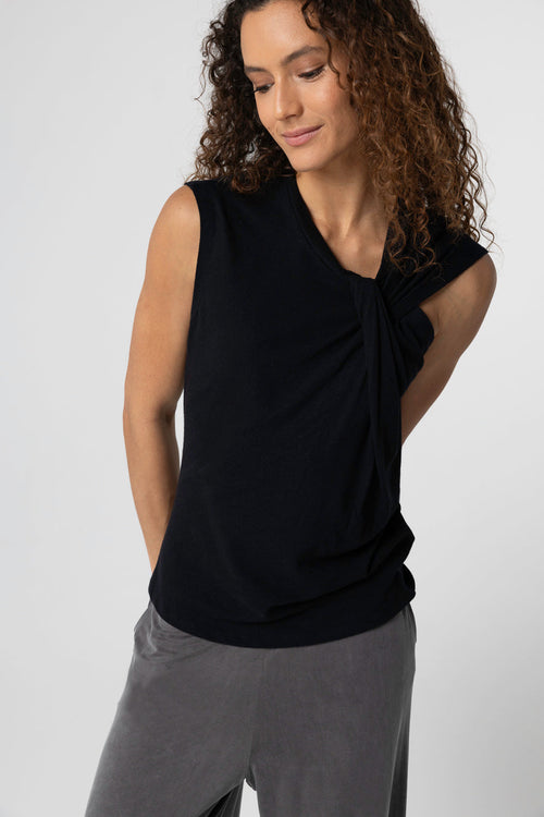 Débardeur Noir Col Noué Sans Manches en Coton / Lin - MAJESTIC FILATURES