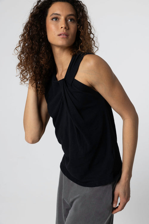 Camiseta sin mangas negra con cuello anudado de algodón/lino - MAJESTIC FILATURES