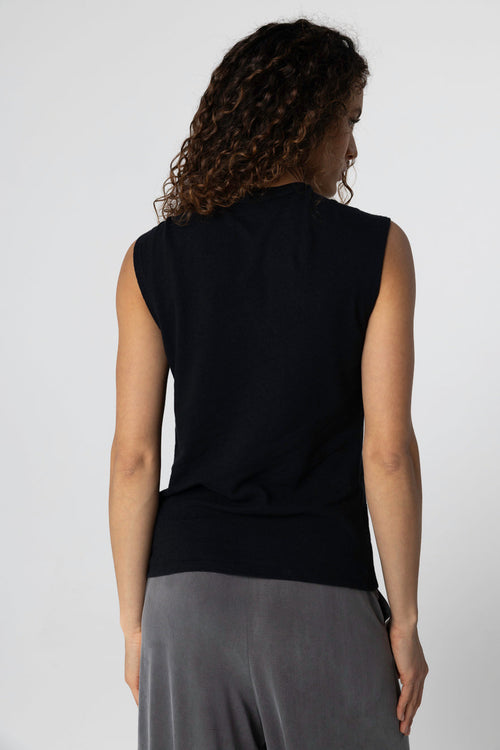 Camiseta sin mangas negra con cuello anudado de algodón/lino - MAJESTIC FILATURES