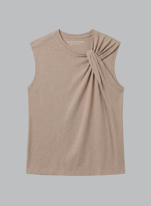 Camiseta sin mangas color café con leche con cuello anudado en algodón / lino - MAJESTIC FILATURES