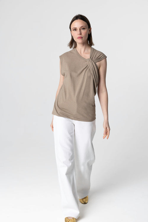 Camiseta sin mangas color café con leche con cuello anudado en algodón / lino - MAJESTIC FILATURES