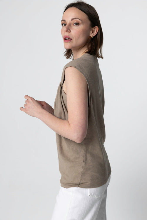 Débardeur Coffee Latte Col Noué Sans Manches en Coton / Lin - MAJESTIC FILATURES