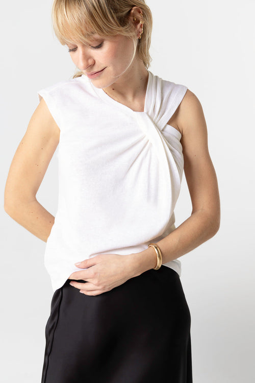 Débardeur Blanc Col Noué Sans Manches en Coton / Lin - MAJESTIC FILATURES