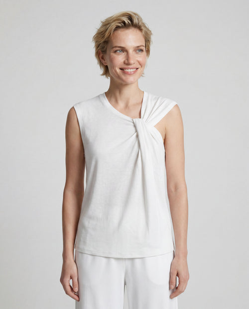 Ärmelloses Tanktop mit Knotenausschnitt aus Baumwolle/Leinen in Weiß - MAJESTIC FILATURES