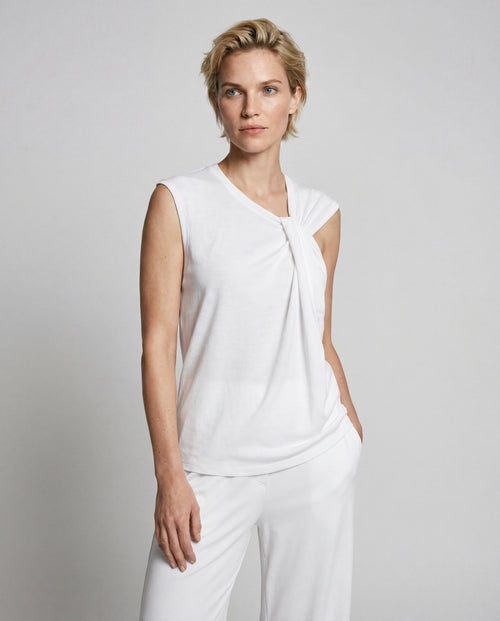 Ärmelloses Tanktop mit Knotenausschnitt aus Baumwolle/Leinen in Weiß - MAJESTIC FILATURES