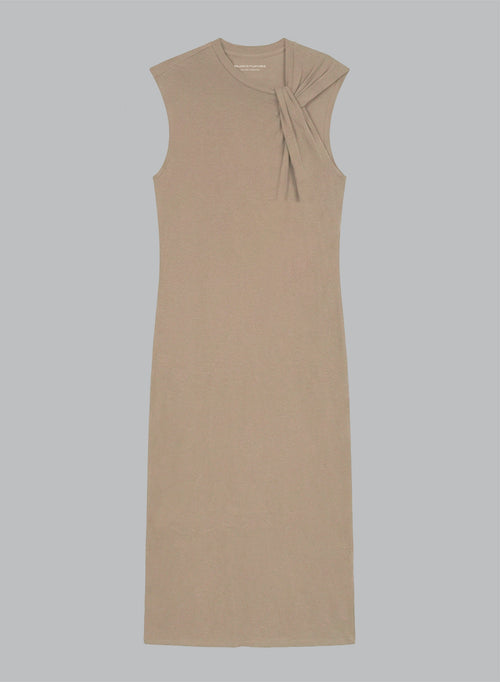 Vestido sin mangas con cuello anudado de algodón/lino color café con leche - MAJESTIC FILATURES