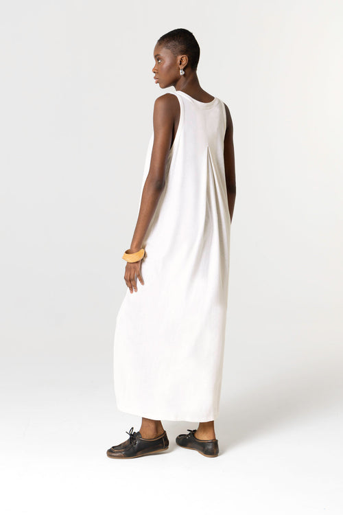 White V-neck sleeveless dress in cotton / linen - MAJESTIC FILATURES