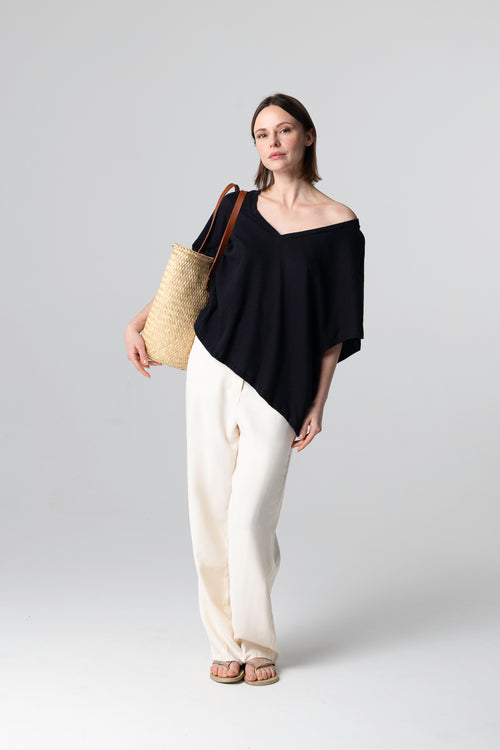 T-shirt Noir Col V Manches Courtes en Coton / Lin - MAJESTIC FILATURES