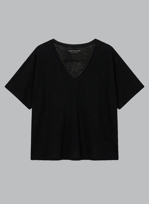 T-shirt Noir Col V Manches Courtes en Coton / Lin - MAJESTIC FILATURES