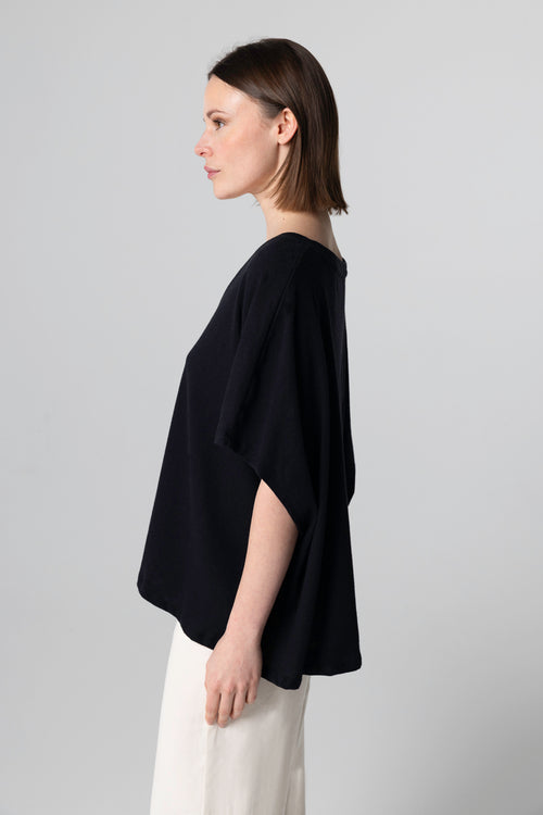 T-shirt Noir Col V Manches Courtes en Coton / Lin - MAJESTIC FILATURES