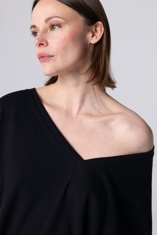 T-shirt Noir Col V Manches Courtes en Coton / Lin - MAJESTIC FILATURES