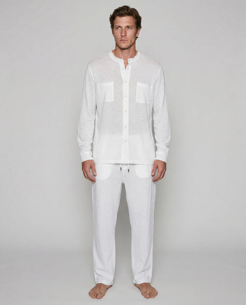 White Long-Sleeve Collared Shirt in Cotton / Linen - MAJESTIC FILATURES