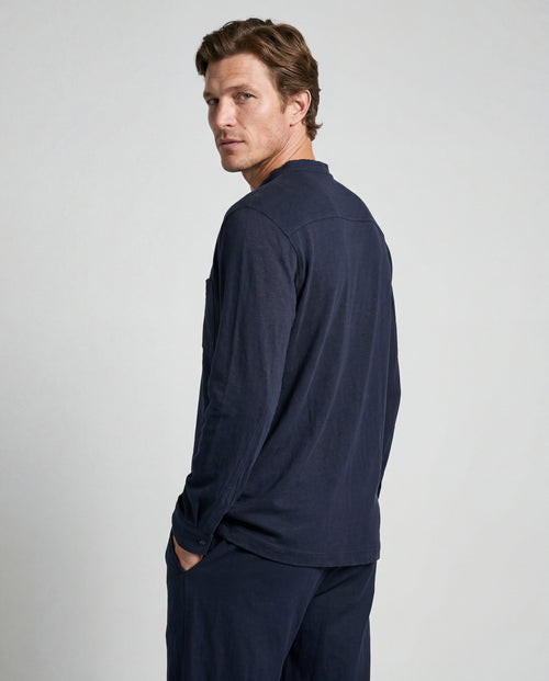 Navy Long-Sleeve Collared Shirt in Cotton / Linen - MAJESTIC FILATURES